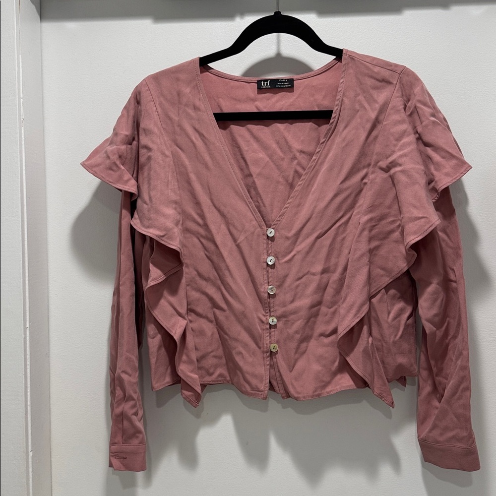 Pink Ruffled Button-Up Blouse - image 1